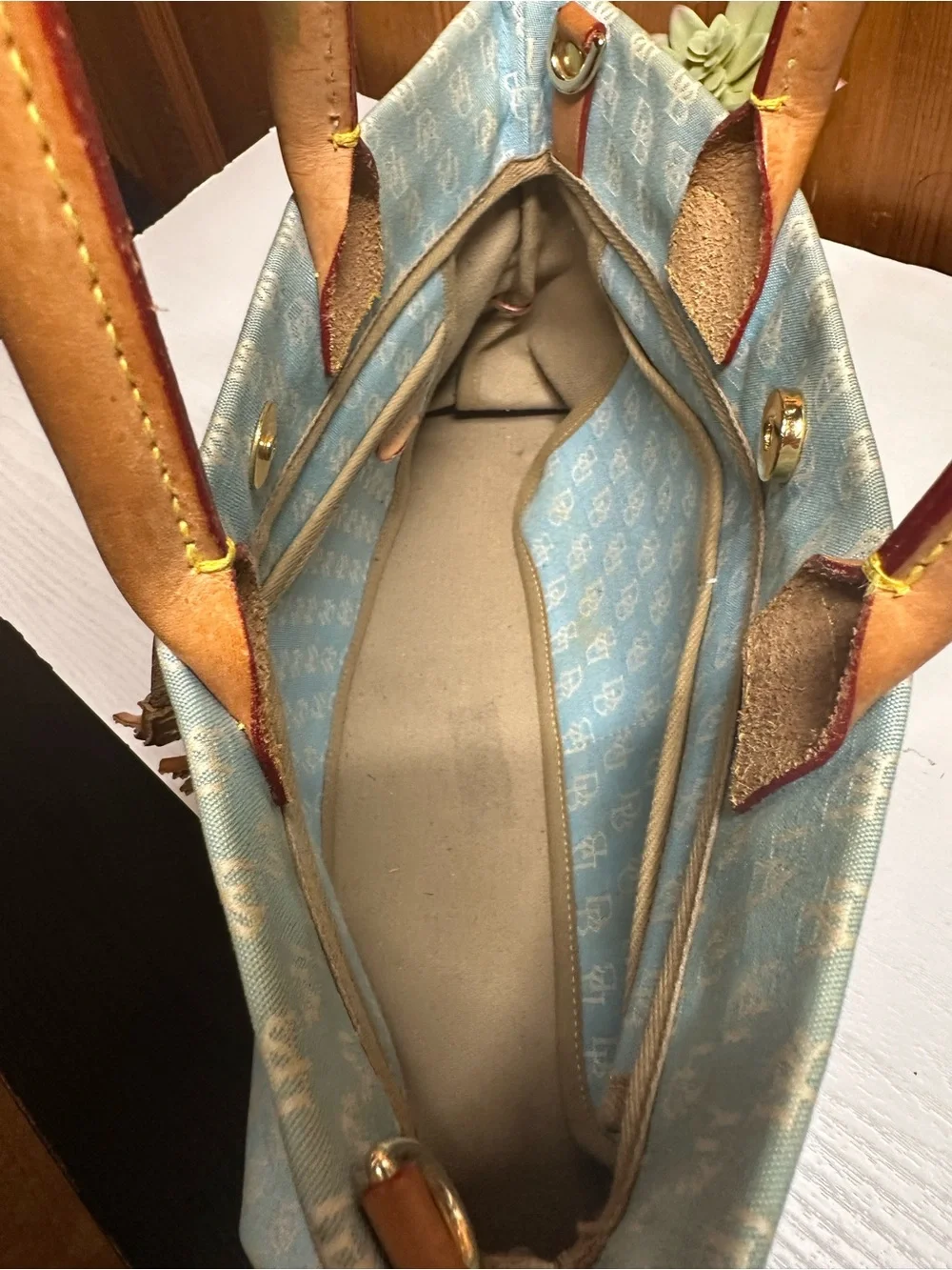 Dooney & Bourke Light Blue Monogram Drawstring Tote with Tan Trim